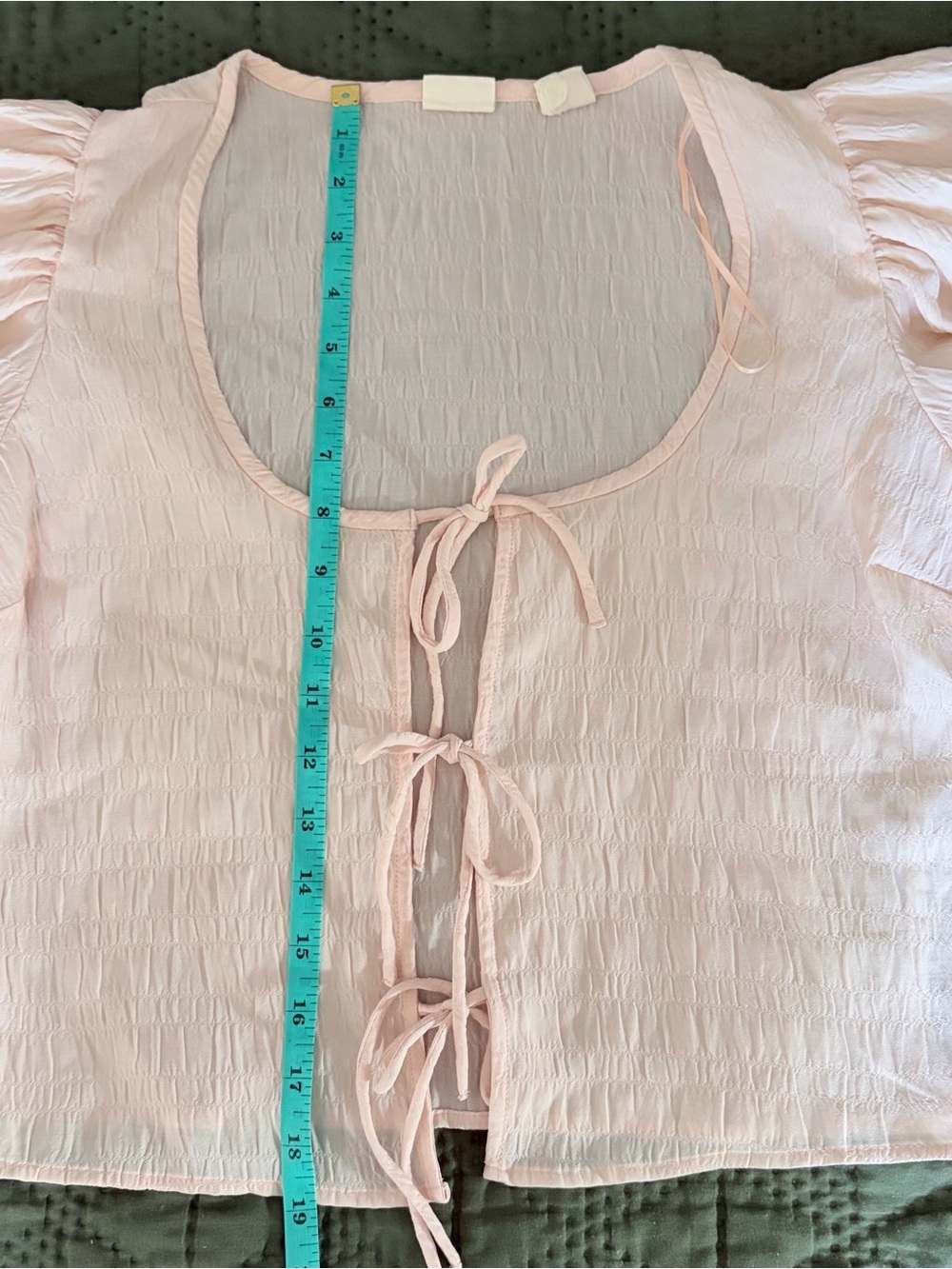 Pastel Pink Smocked Tie Front Boho Blouse Puff Sleeve Small - Picture 8 of 8